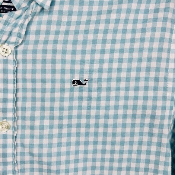 Vineyard Vines Button Down Check Whale Shirt Boy’s Size M (12-14) Aqua/White - Picture 3 of 8
